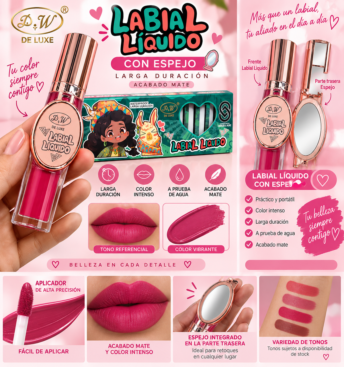 Labial Líquido con Espejo D.W. De Luxe – Tonos Surtidos